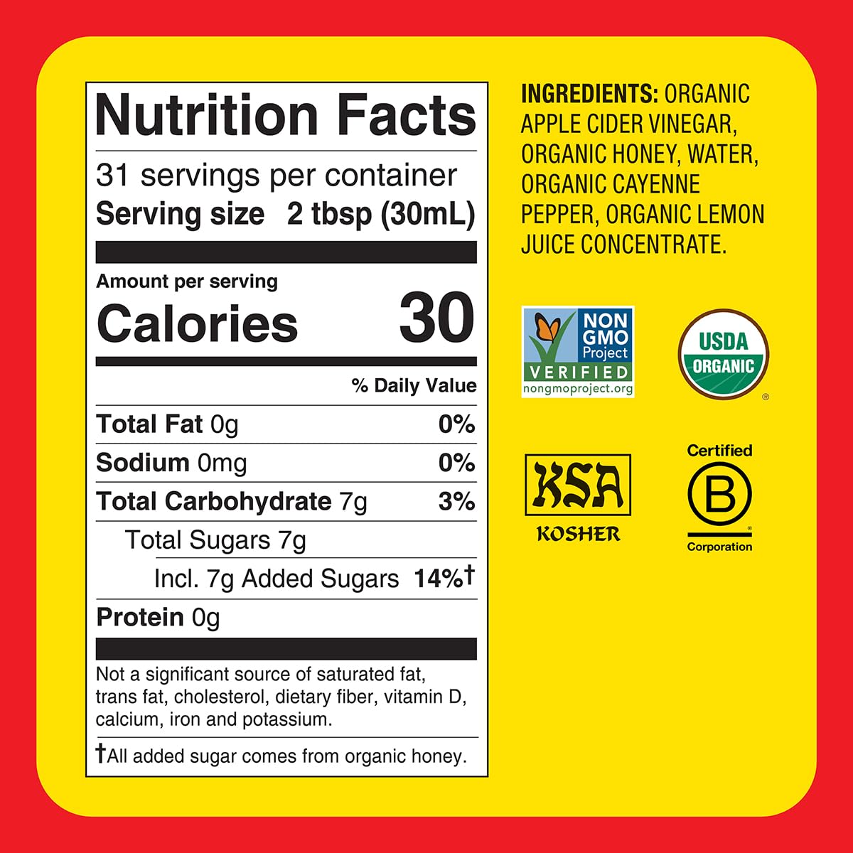 Bragg organic raw apple cider vinegar contains organic honey, water and more - certified kosher