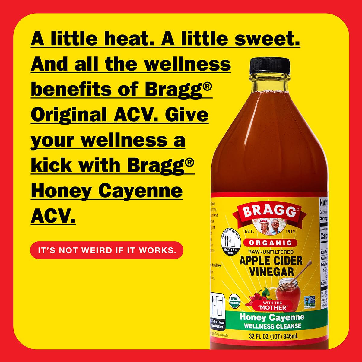 Braggs organic raw apple cider vinegar gives a little heat and a little sweet for your wellness.