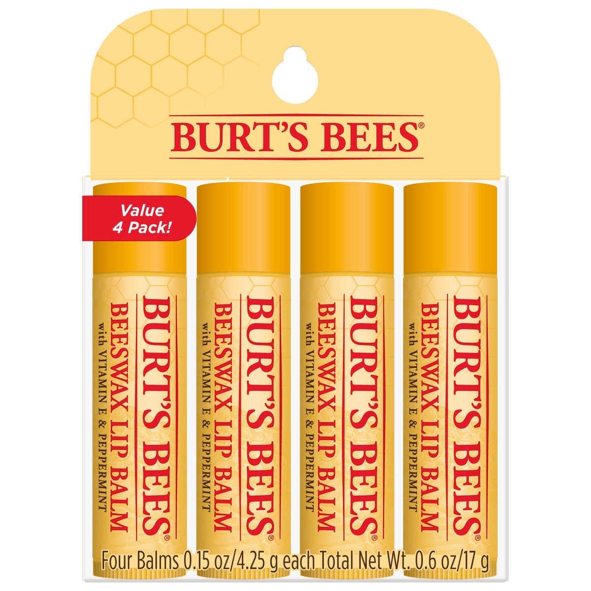 Burts Bees Beeswax Lip Balm Pack, 0.15 oz, 4-Piece Peppermint