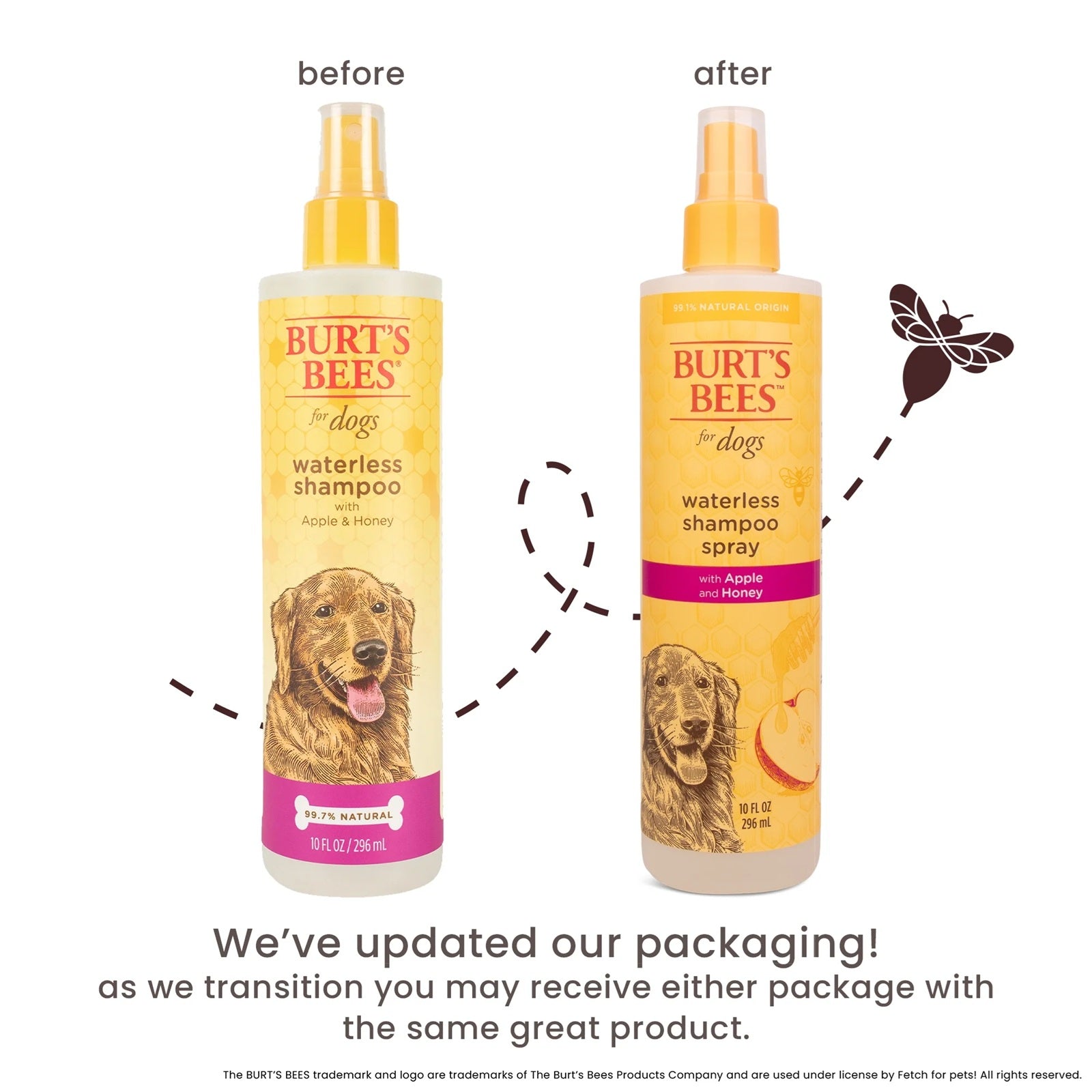 Before and after packaging for Burts Vees waterless dog shampoo