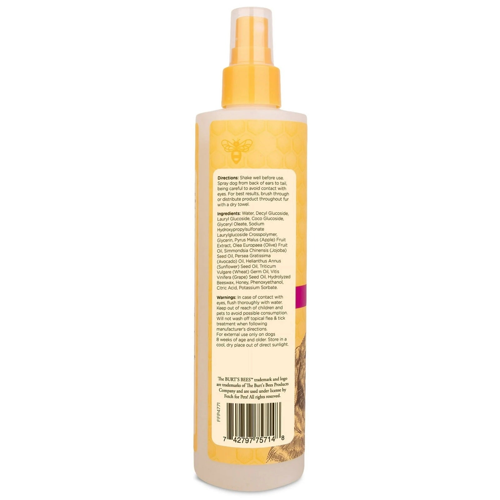 Back of spray bottle of Burts Bees waterless shampoo for dogs