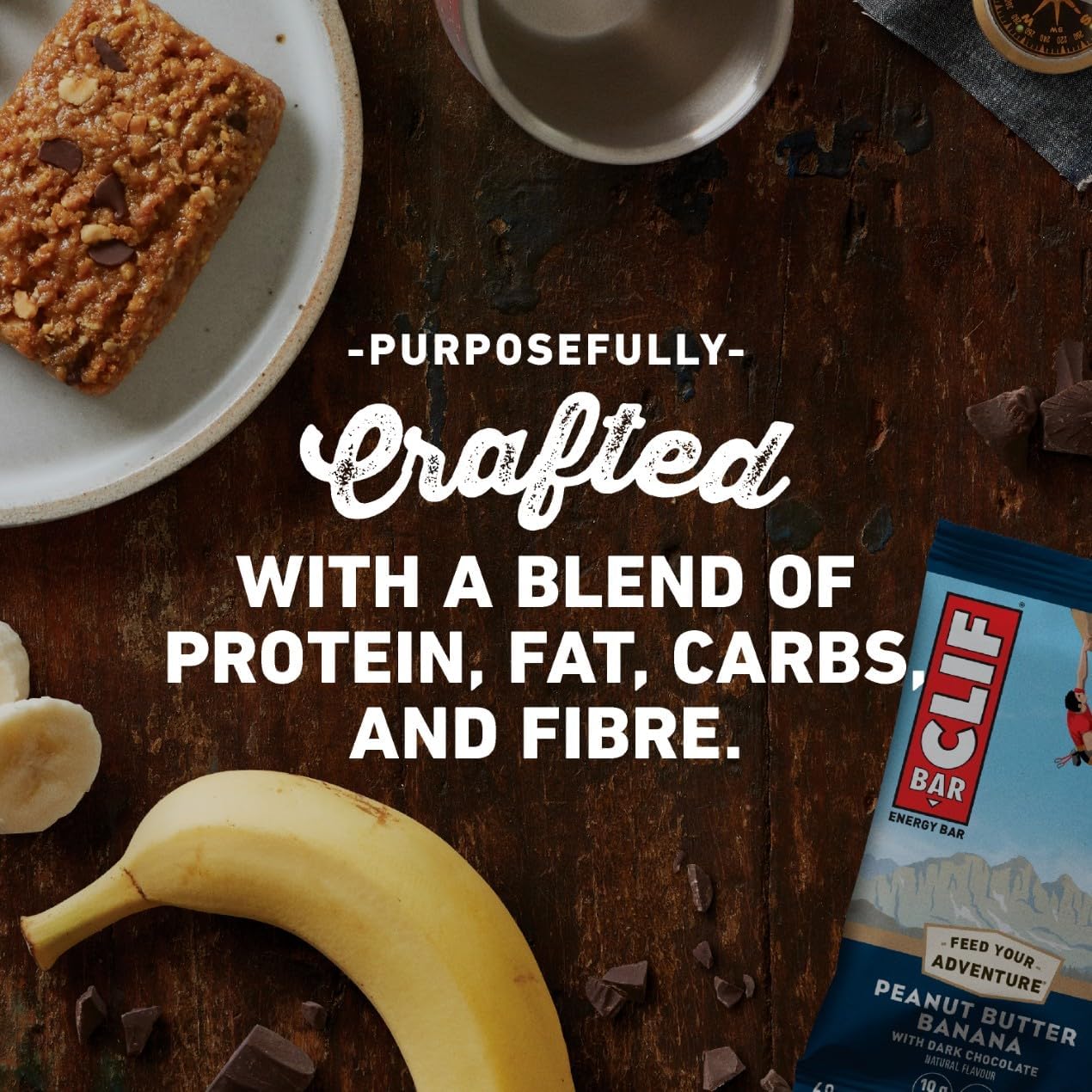 Clif Bar energy bar purposely crafted with a blend of protein, fat, carbs and fibre.