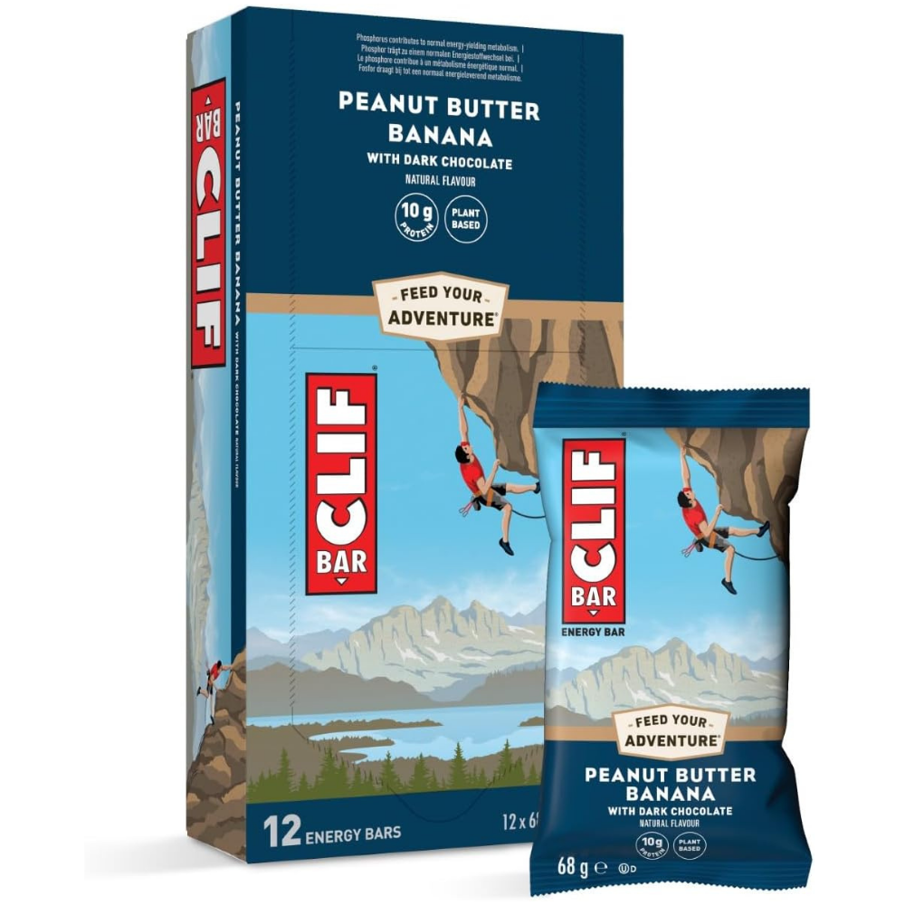 Box of Clif energy bars in peanut butter, banana and dark chocolate flavour - 12 pack.