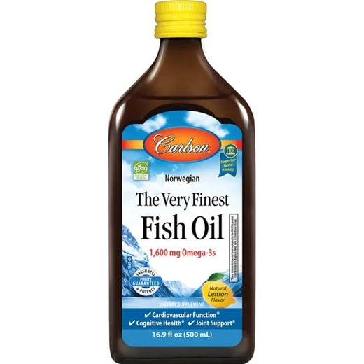 Bottle of Carlson - the very finest fish oil, a great source of omega 3 for cardiovascular function, cognitive heath and joint support