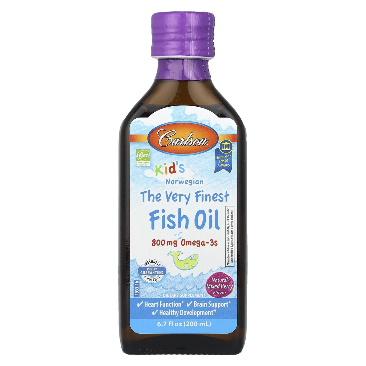 Bottle of Carlson Kids the very finest fish oil with 800mg omega-3s for improved heart function, brain support and heathy development.