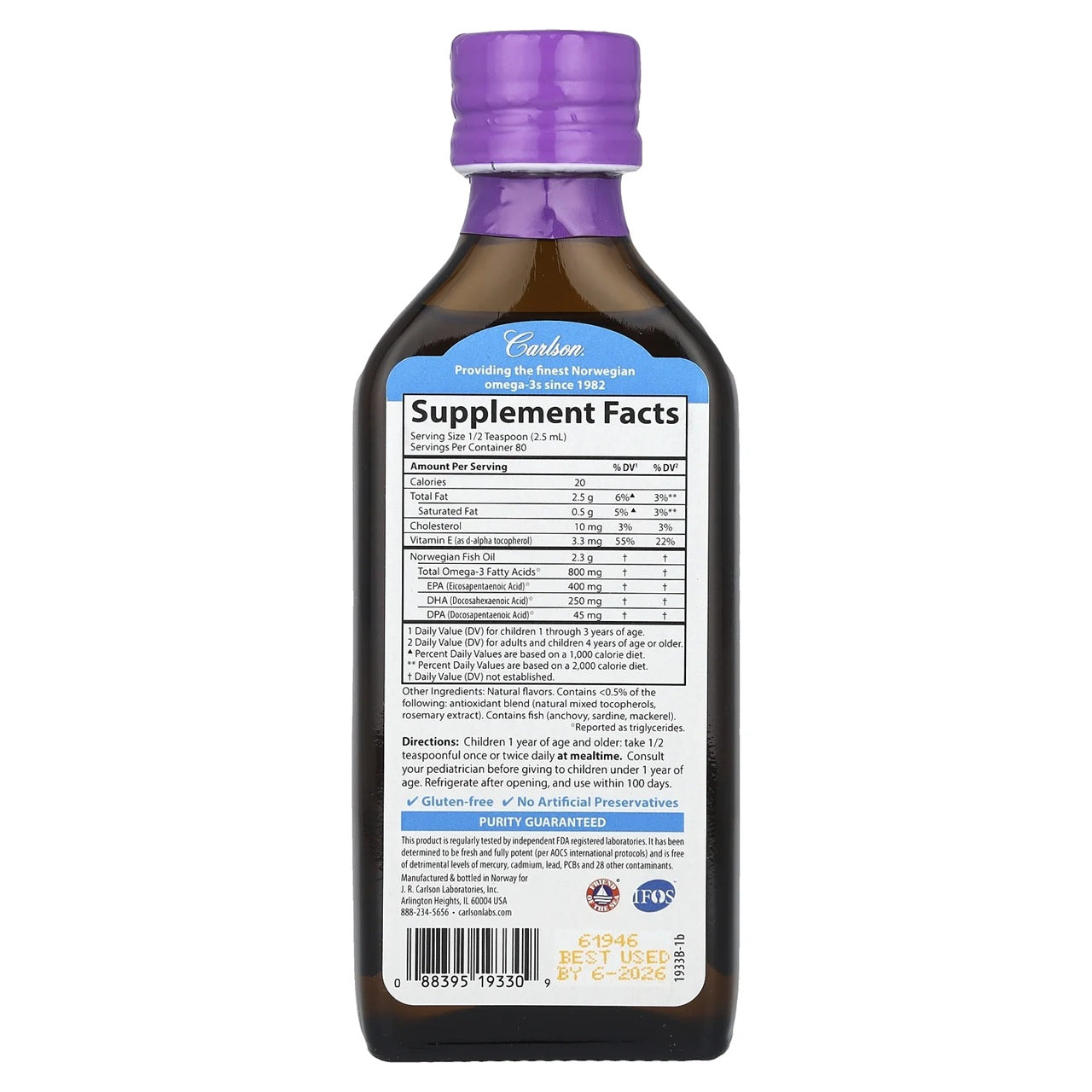 Carlson fish oil for kids supplement facts and directions for Omega-3s supplement