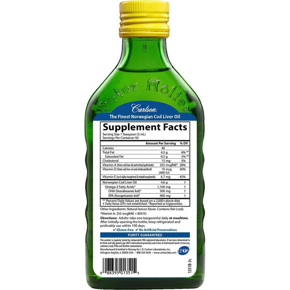 Green bottle of Carlson Labs - the first Norwegian cod liver oil with supplement facts
