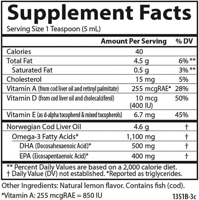 Carlson Labs Norwegian Cod Liver Oil, 1100mg Natural Lemon flavor.
