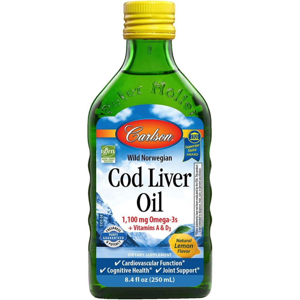 Bottle of Carlson Lab wild Norwegian cod liver oil with 1,100mg Omega-3s + vitamins A and D3 for cognitive health