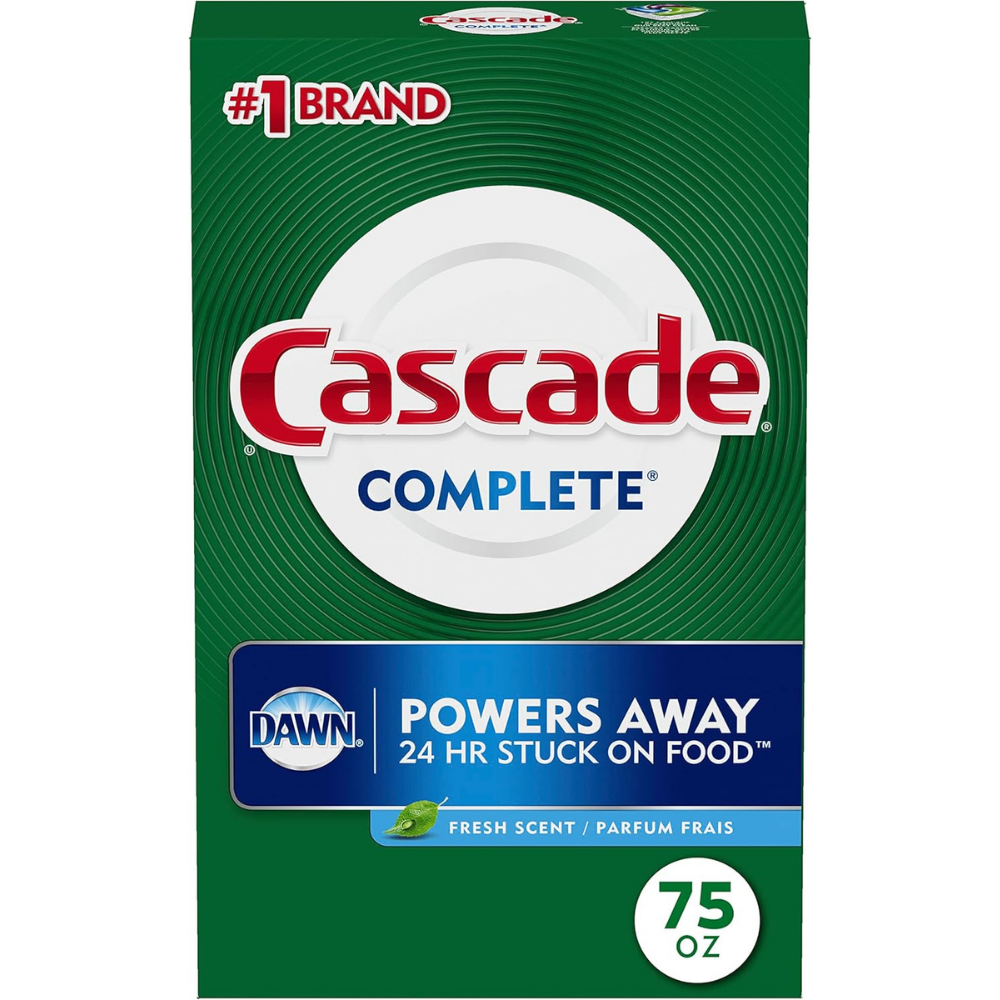 Cascade Complete dishwashing detergent powers away hardened food with fresh scent.