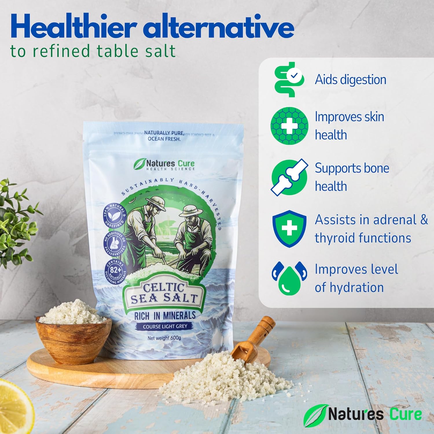 Celtic sea salt – 100% natural unrefined organic Celtic sea salt, aids digestion, improves skin health and support bone health and levels of hydration.