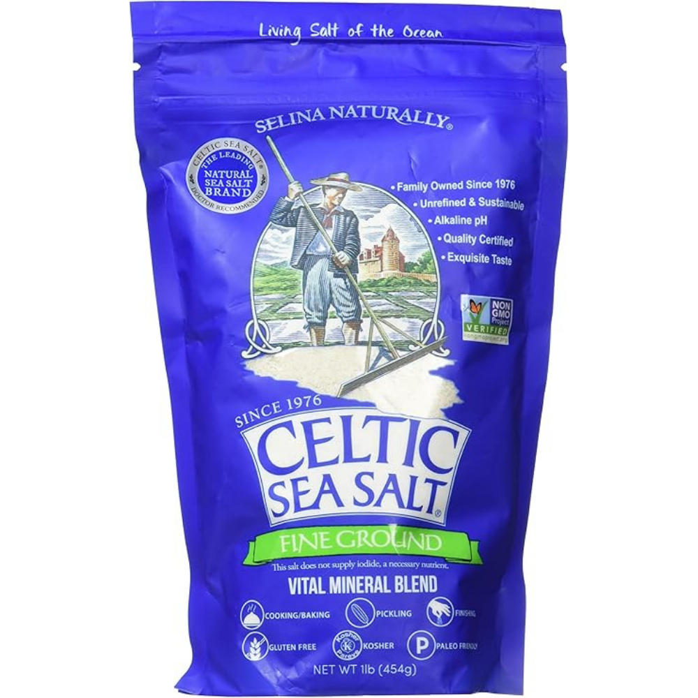 Package of Selina Naturally, Celtic Sea Salt - fine ground vitamin mineral blend salt of the ocean.