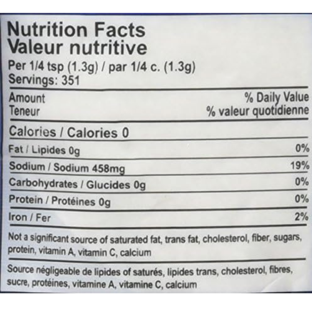 Nutrition facts label for Celtic sea salt - fine ground kosher salt