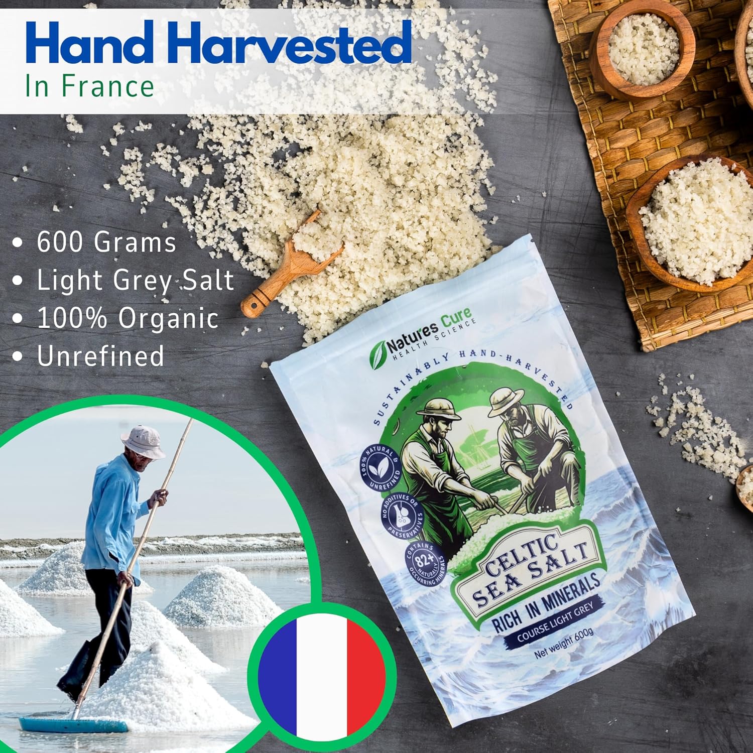 Natures Cure Celtic sea salt – 100% natural unrefined organic Celtic sea salt, hand harvested in France.