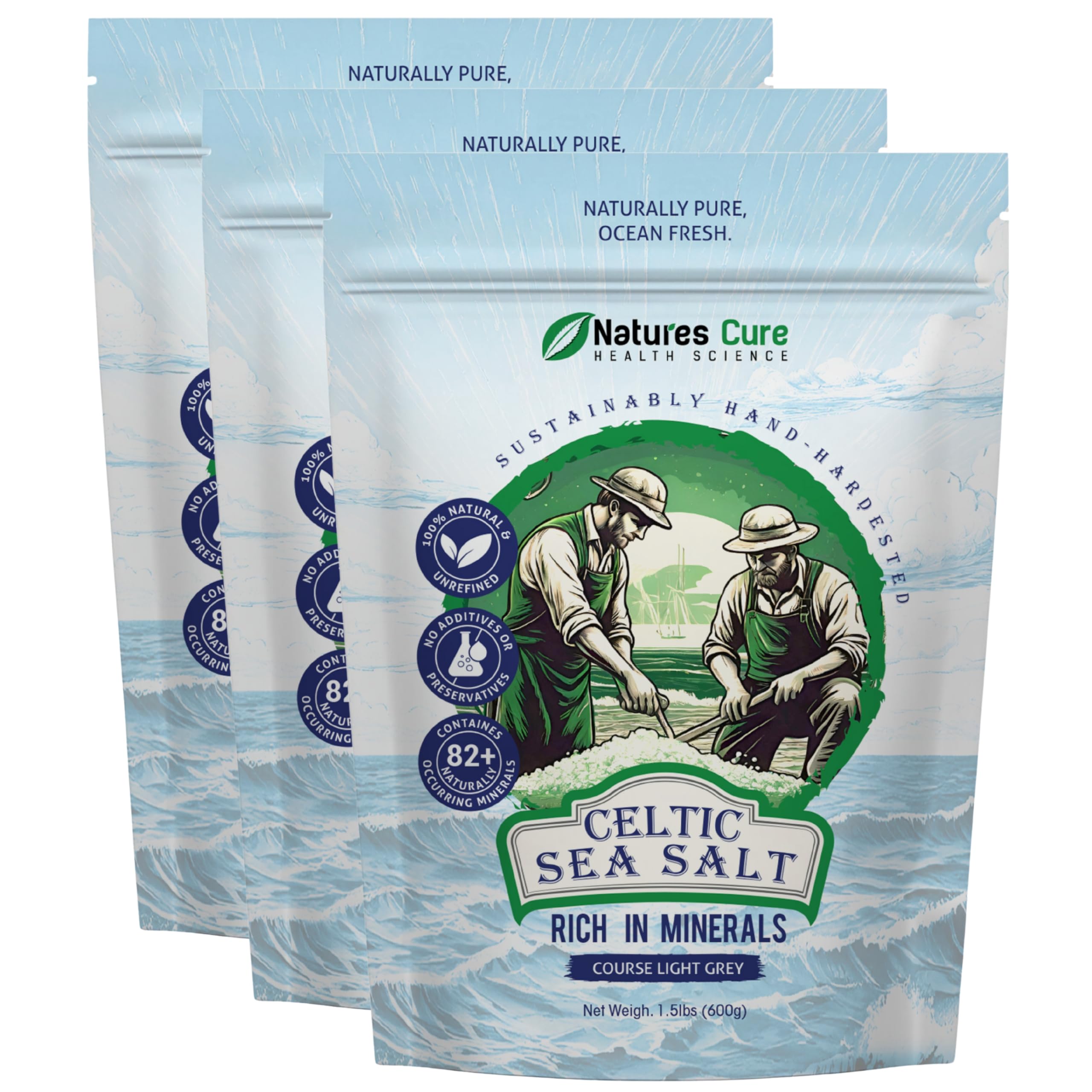 Natures Cure Celtic sea salt – 100% natural unrefined organic Celtic sea salt - pack of 3.