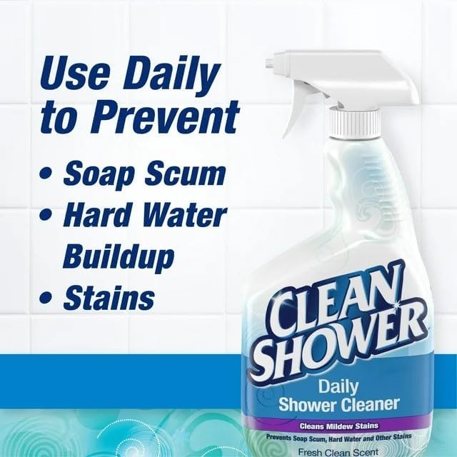 Clean Shower daily shower cleaner bottle use daily to prevent soap scum, hard water buildup and stains.
