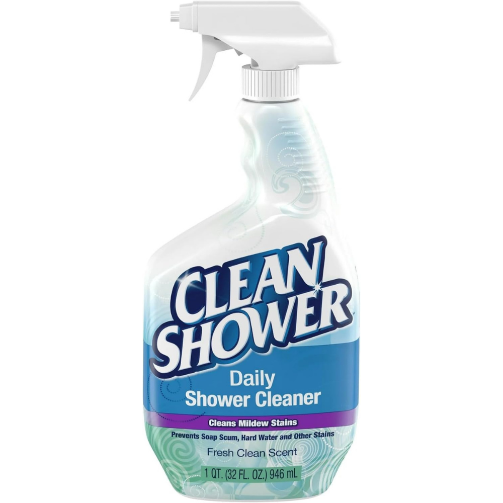 Clean Shower daily shower cleaner spray cleans mildew stains with fresh clean scent.