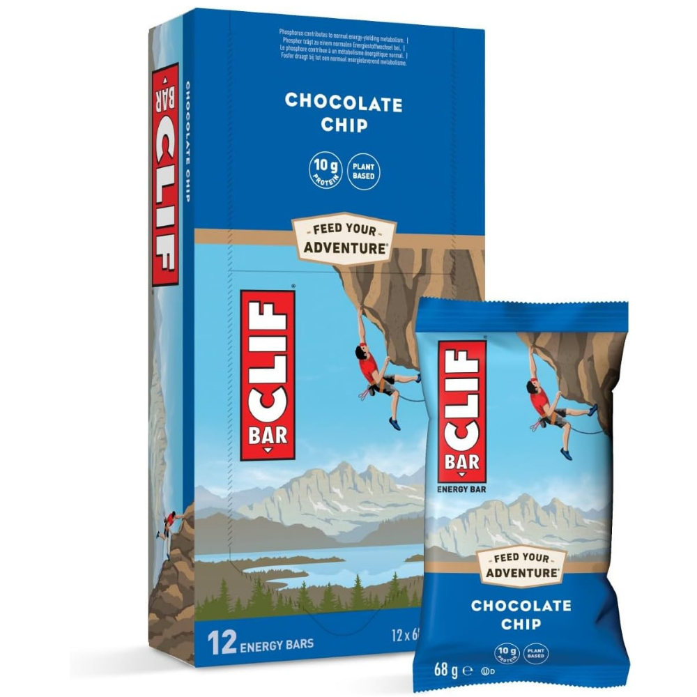 Box of 12 Clif chocolate chip energy bars to feed your adventure (10g protein)