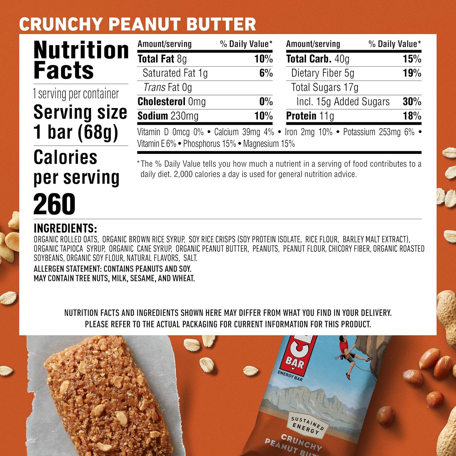 Nutrition facts label and packaging of Clif crunchy peanut butter energy bars with calorie info and ingredients.
