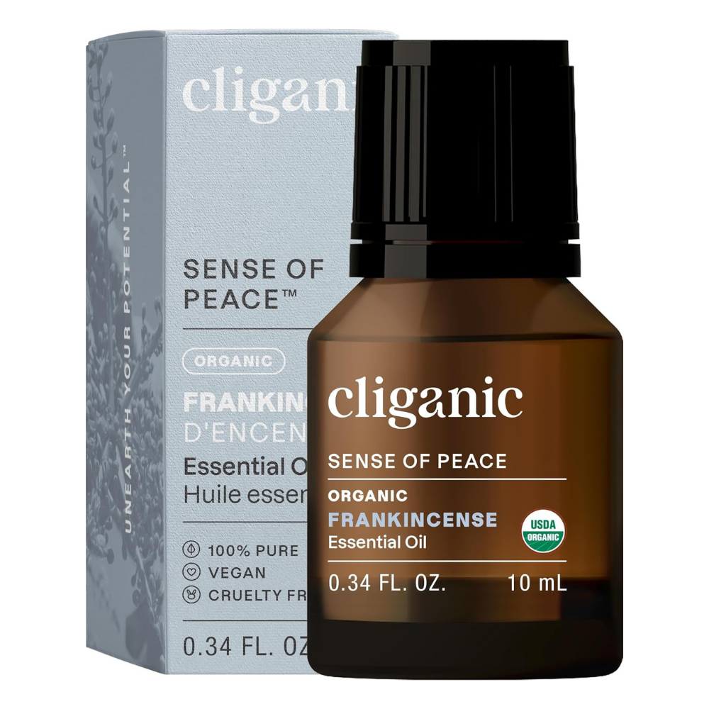 Cliganic Sense of Peace Frankincense essential oil bottle and packaging