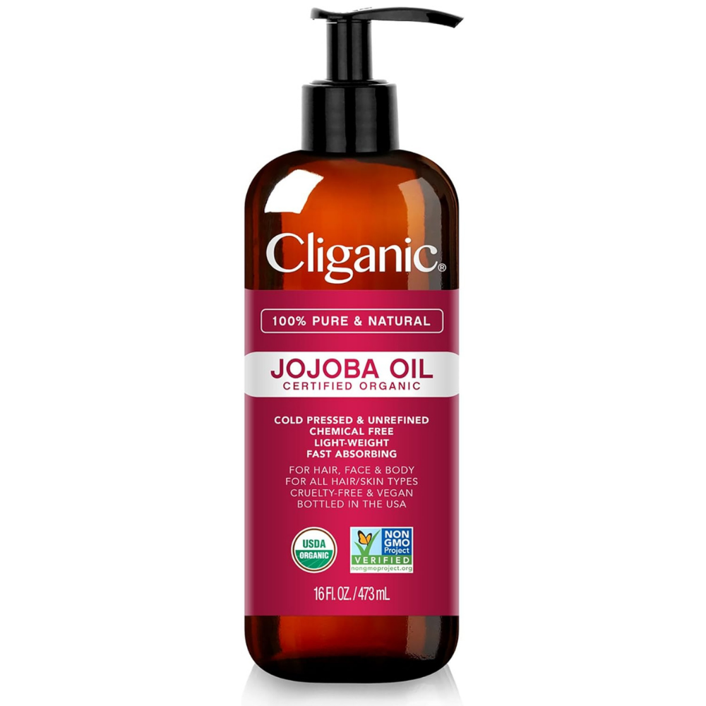 Bottle of Cliganic 100% pure and natural Jojoba oil, cold pressed chemical-free skin oil
