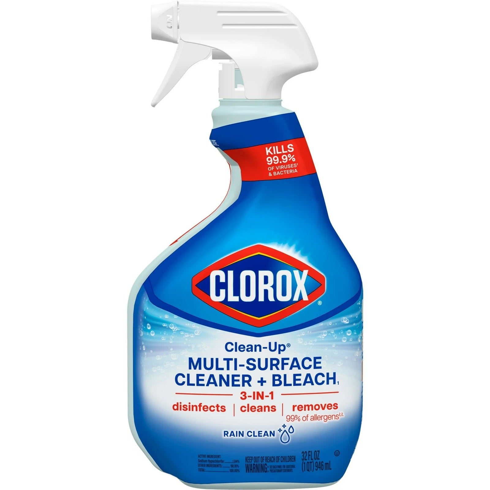 Clorox clean-up multi-surface cleaner + bleach to disinfect, clean and remove allergen - kills 99.9% of viruses and bacteria.