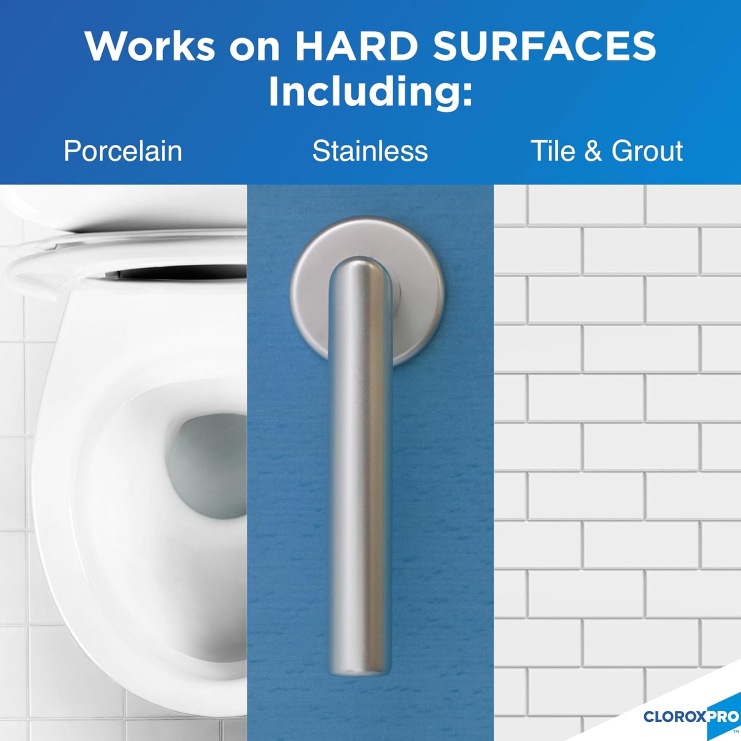 Clorox commercial solutions urine removal spray works on hard surfaces such as porcelain, stainless steel and tiles & grout.