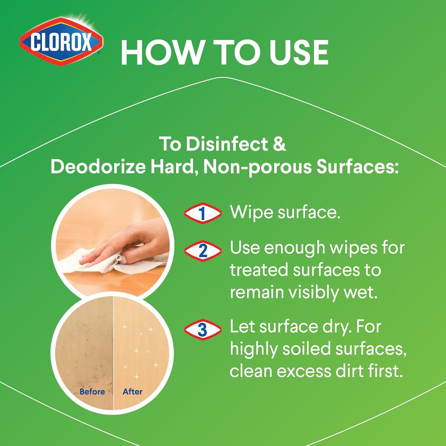 Clorox wipes, disinfects and deodorizes hard, non-porous surfaces with a quick wipe
