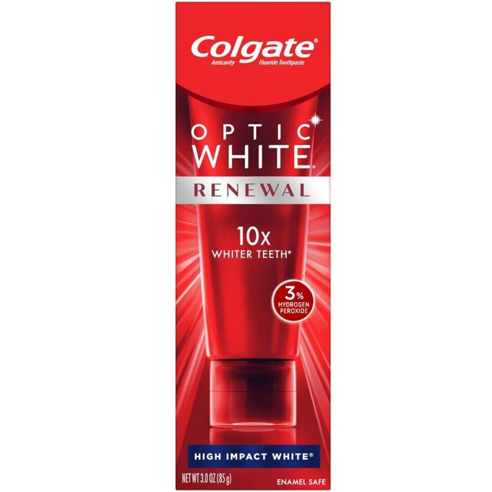 Box of Colgate optic white renewal, high impact white toothpaste for 10x whiter teeth with 3% hydrogen peroxide.