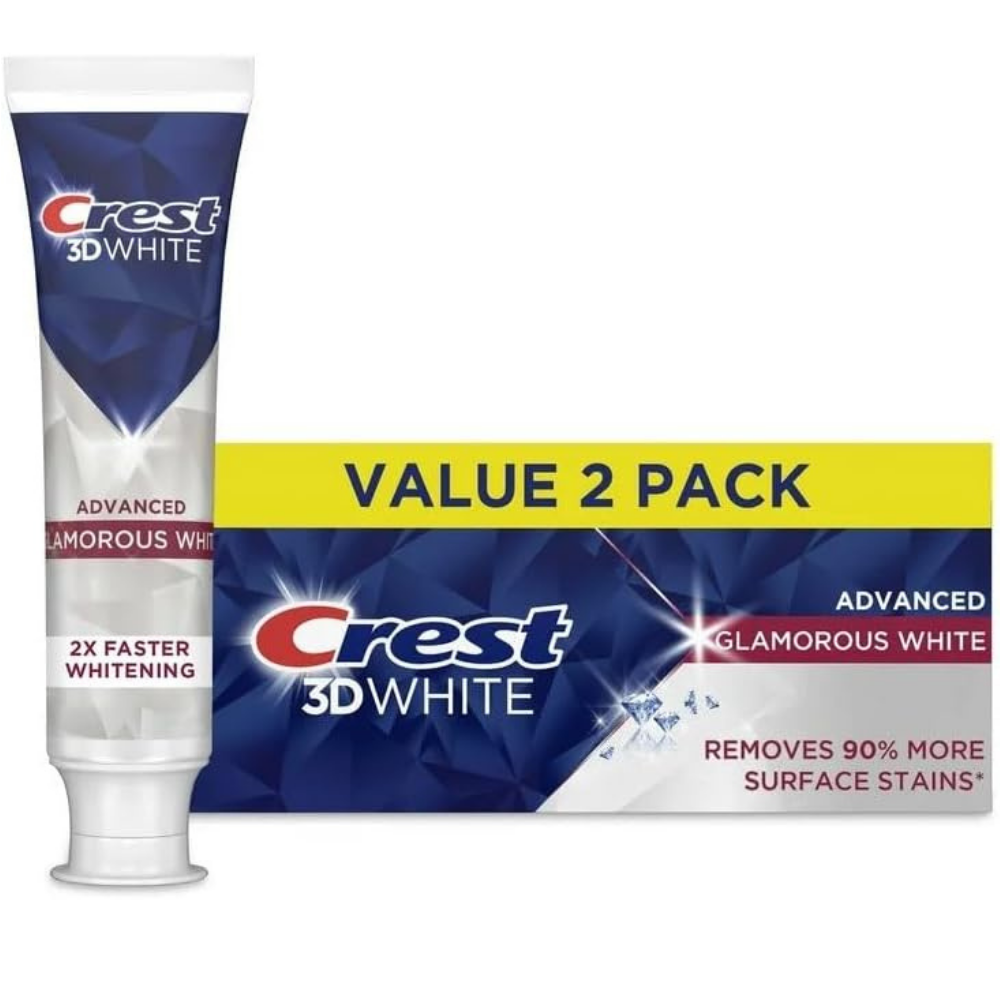 Crest 3D white advanced glamorous white fluoride toothpaste with x2 faster teeth whitening - removing 90% more surface stains.