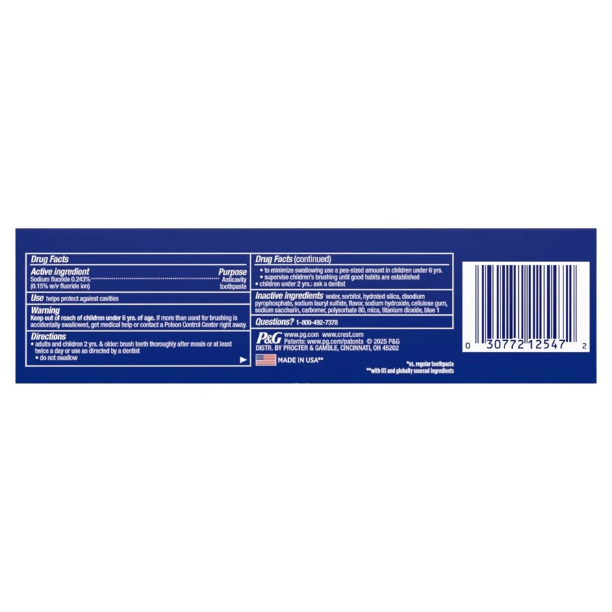 Back packaging of Crest 3D white advanced radiant mint whitening toothpaste with sodium fluoride for anti cavity purposes.