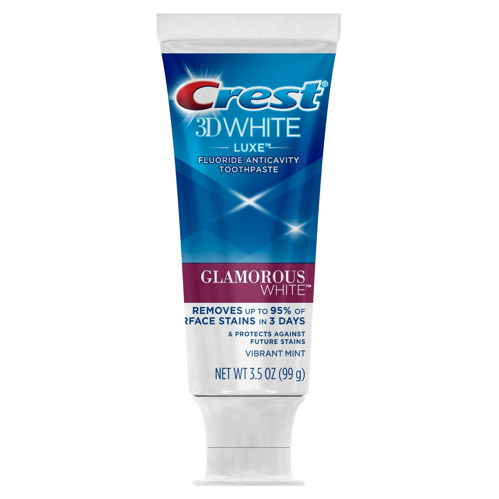 Crest 3D White Luxe Glamorous White toothpaste tube with fluoride anticavity in vibrant mint.