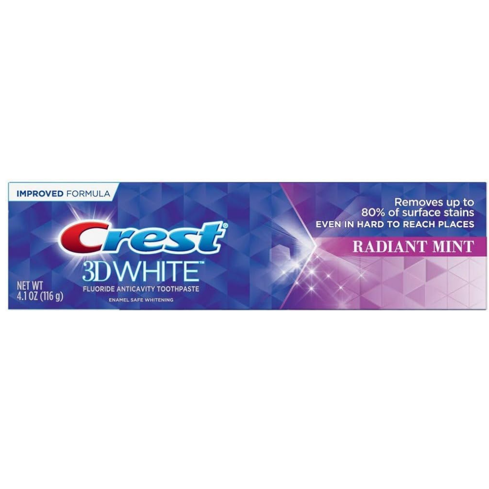 Crest 3d white anti cavity toothpaste in radiant mint, improve your dental health and remove up to 80% of surface stains - 4.1 oz.