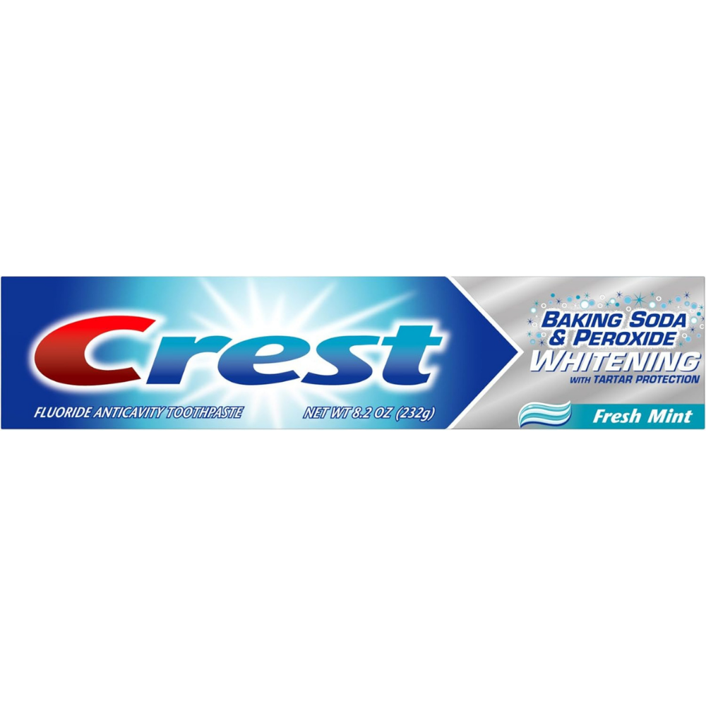 Crest fluoride anti-cavity toothpaste with baking soda & peroxide whitening with tartar protection - fresh mint flavour.
