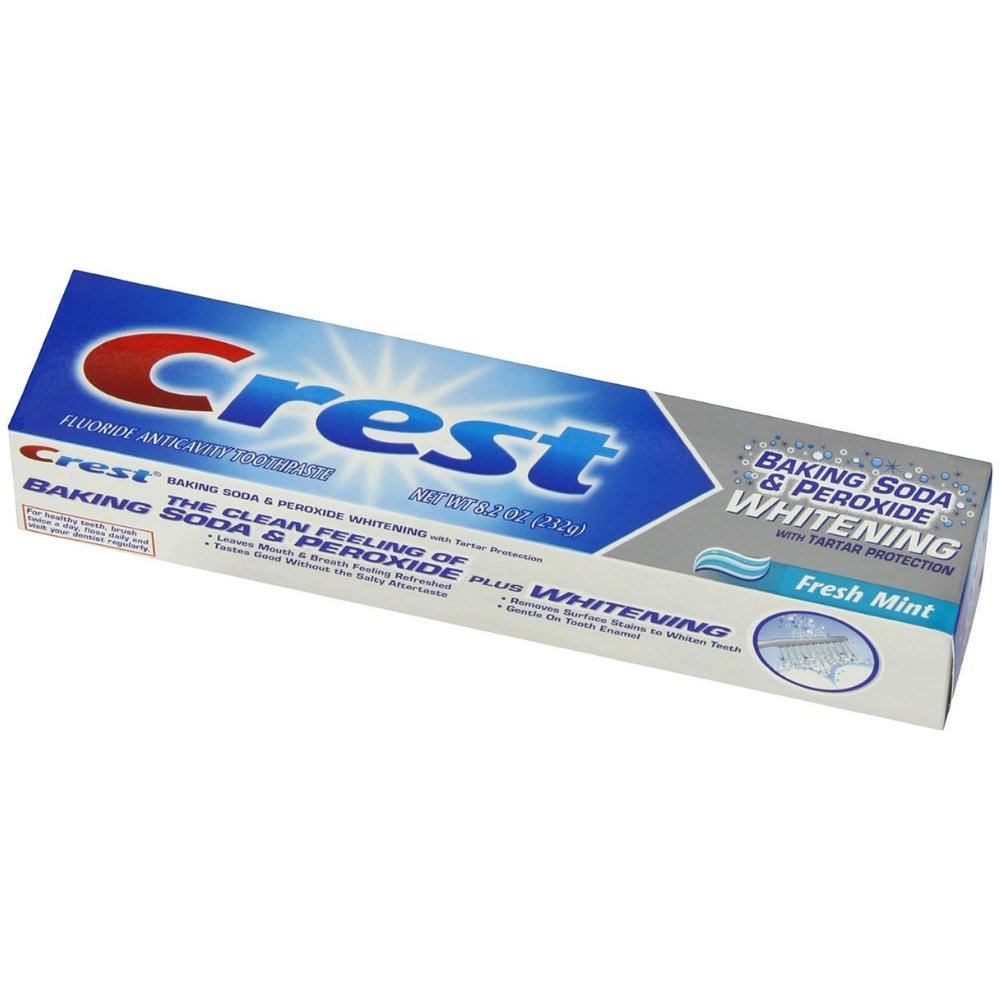 Crest whitening toothpaste with baking soda and peroxide whitening with tartar protection for anti-cavity stain removal and whitening protection.