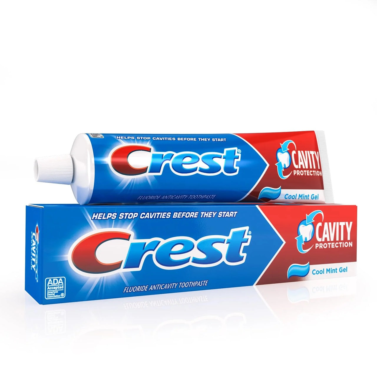 Crest toothpaste tube for cavity protection to stop cavities before they start with cool mint gel