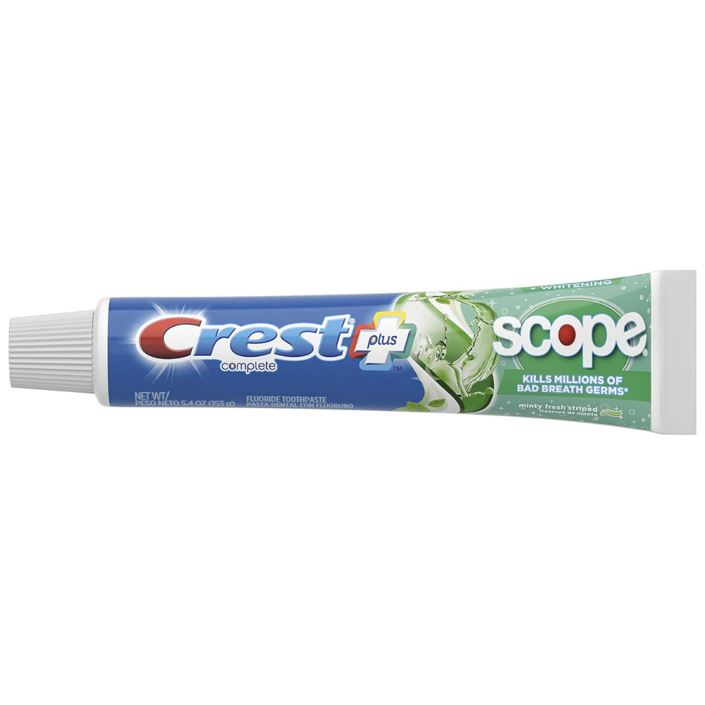 Crest complete plus whitening toothpaste tube with Scope to kill millions of bad breath germs,