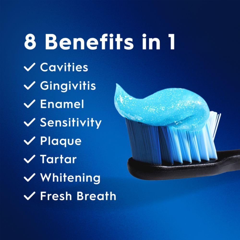 Crest pro-health toothpaste with 8 benefits: fight cavities, gingivitis, enamel, sensitivity, plaque, tartar, whitening and fresh breath.