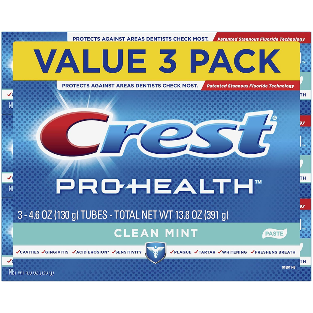 Value pack of Crest pro health anti cavity toothpaste in clean mint to whiten teeth. freshen breath and more.