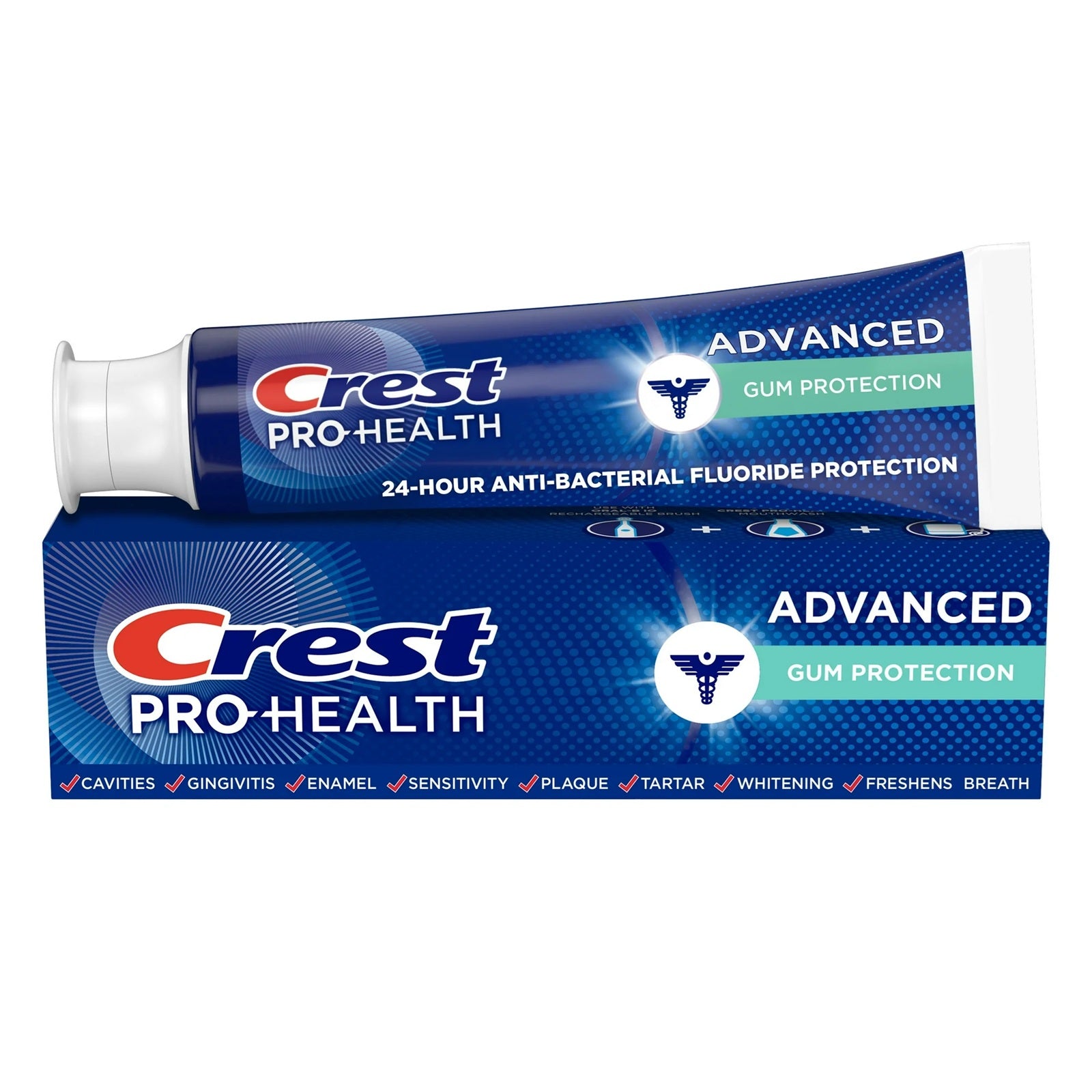 Two tubes of Crest Pro-Health Advanced Gum Protection toothpaste for cavity protection and sensitive teeth.