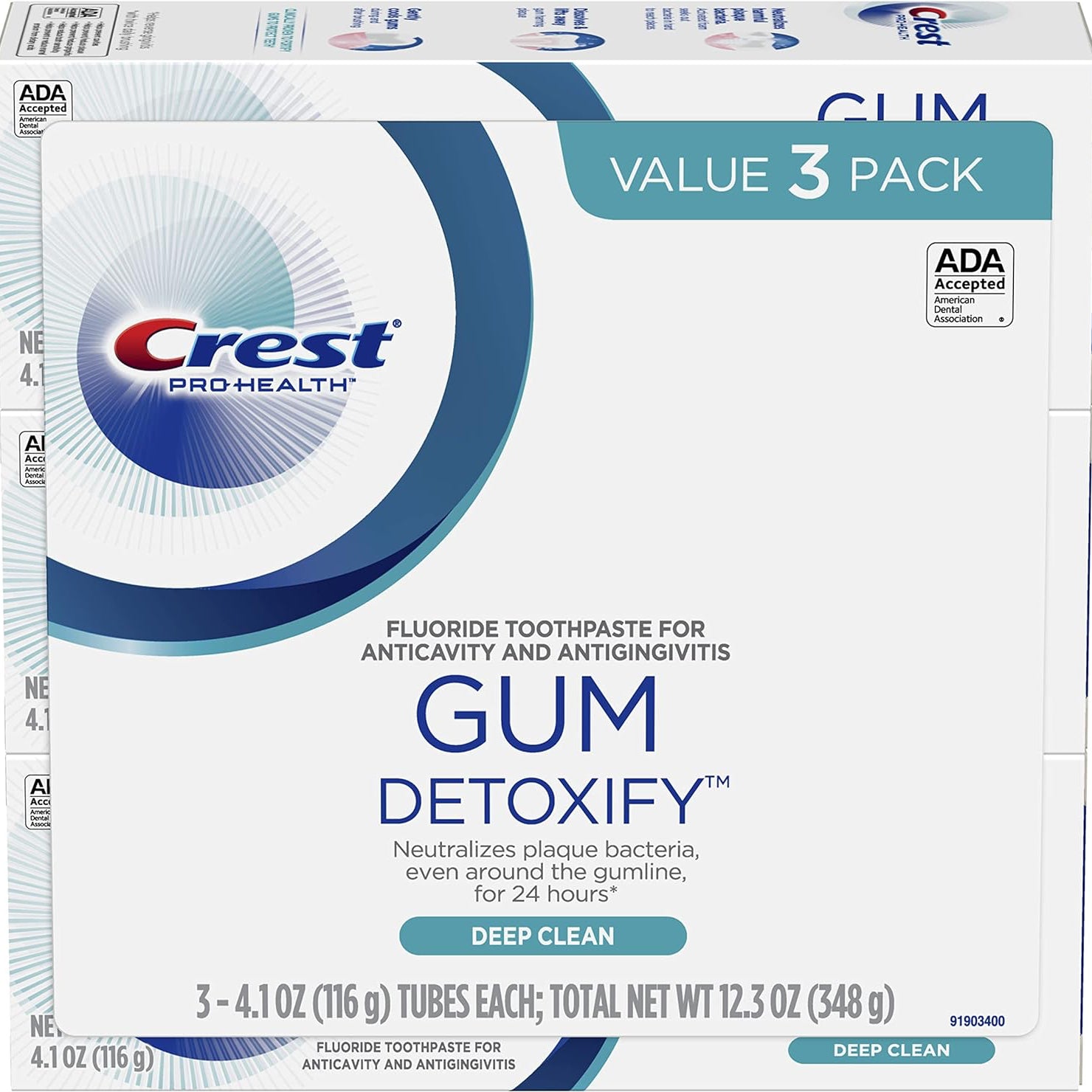 Value pack of 3 crest pro-health gum detoxify toothpaste for anti cavity and anti gingivitis.