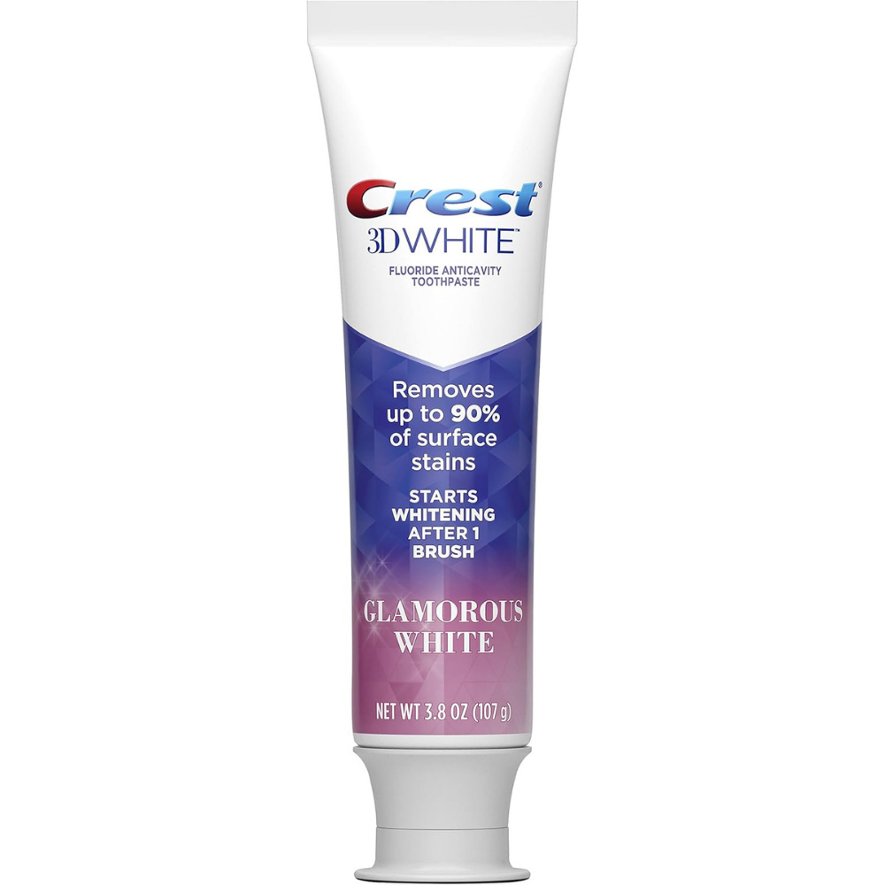 Crest 3D White fluoride anti cavity toothpaste tube to remove up to 90% of surface stains