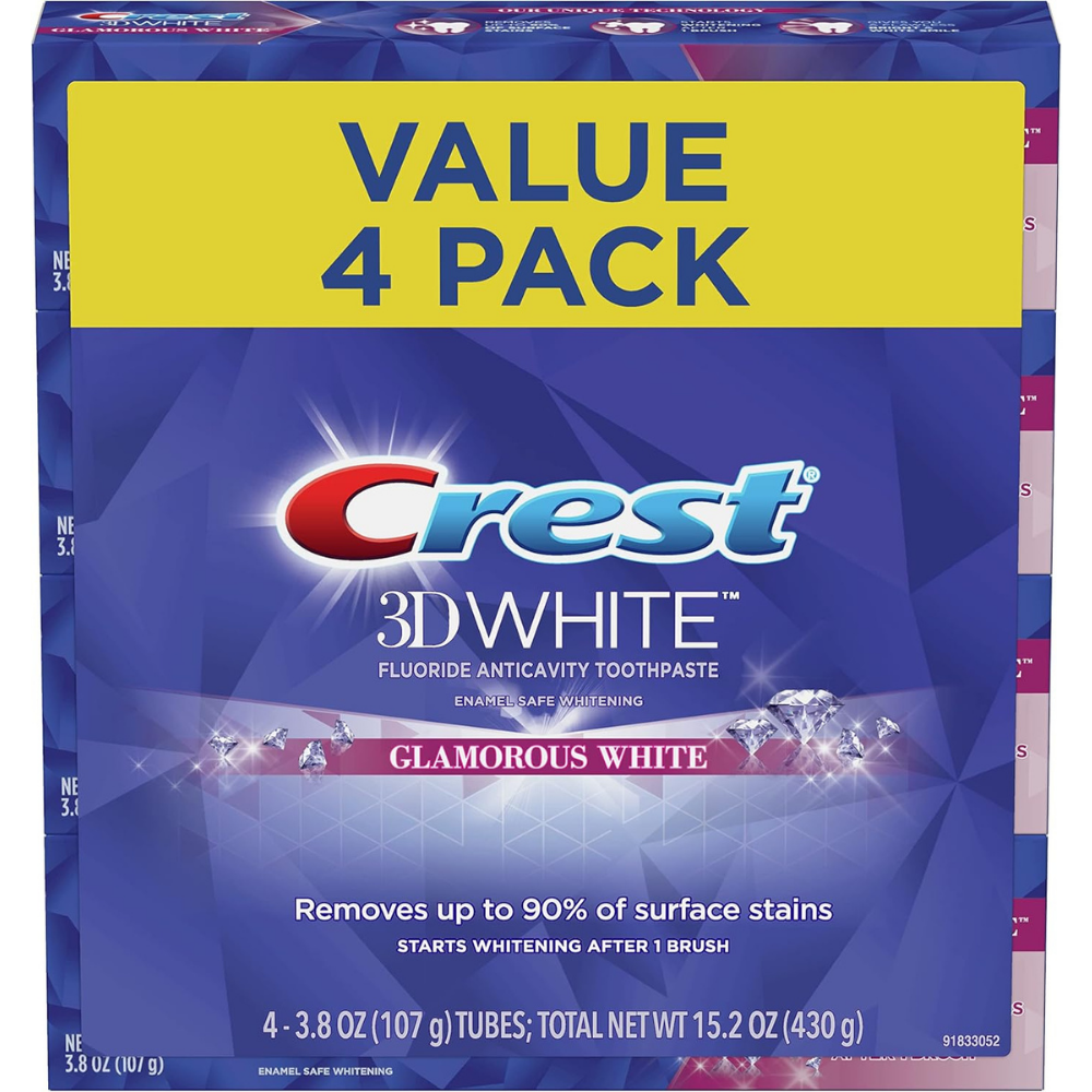 Crest 3D White Glamorous White toothpaste value pack of 4, to remove teeth stains.