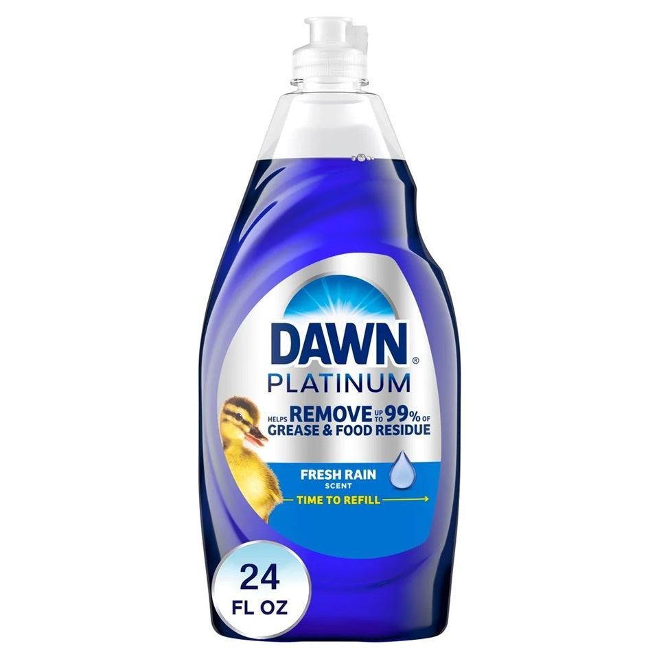 Dawn platinum dishwashing detergent helps remove up to 99% of grease & food residue with its fresh rain scent.