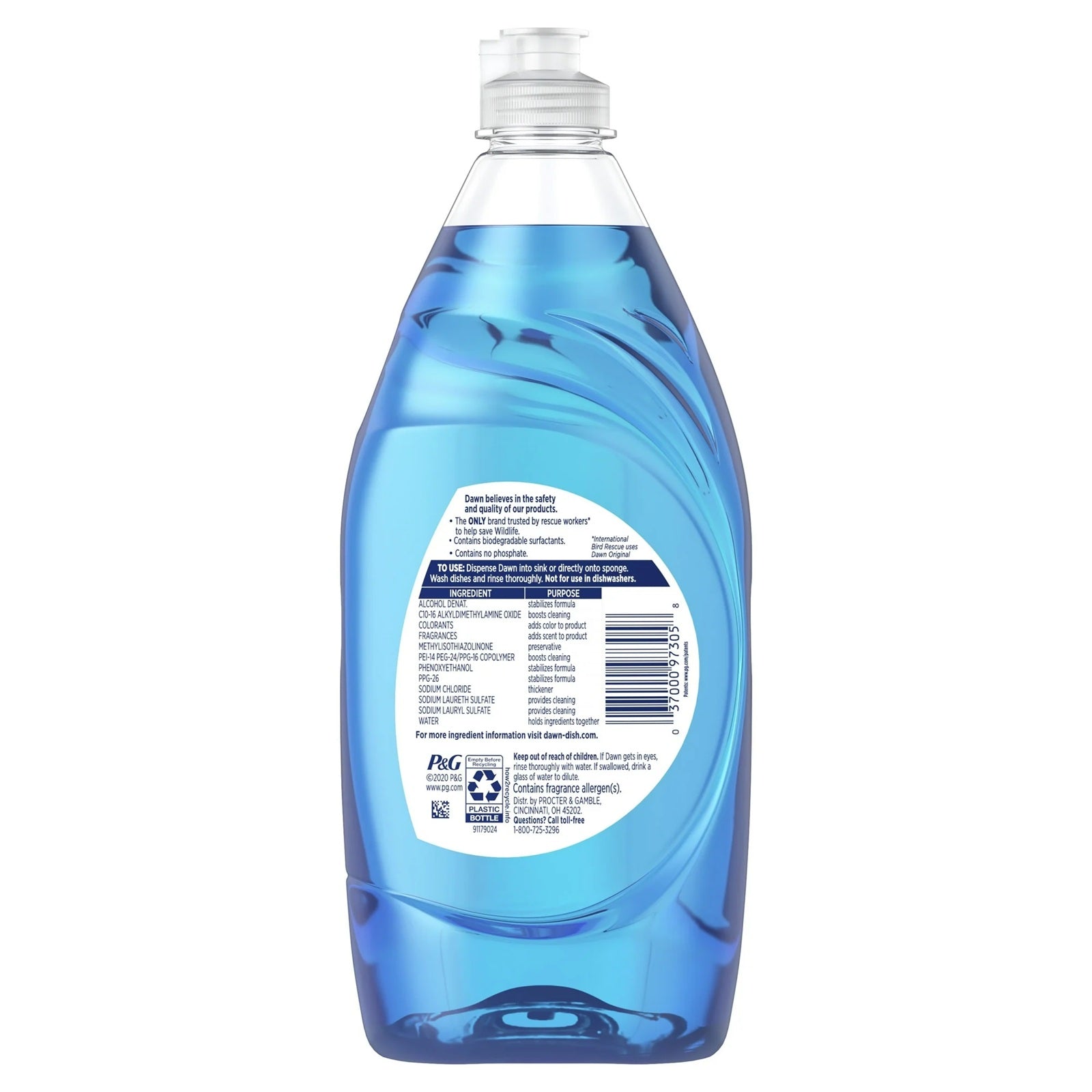 Bottle of Dawn ultra dishwashing liquid - phosphate free for quality and safety.