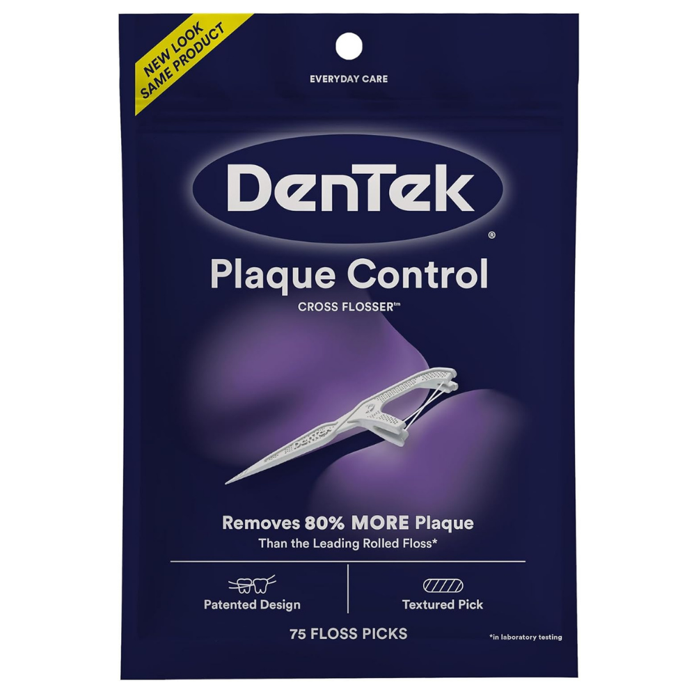 pack of Dentek plaque control cross flosser removes 80% more plaque than the leading rolled floss with patented design and textured pick