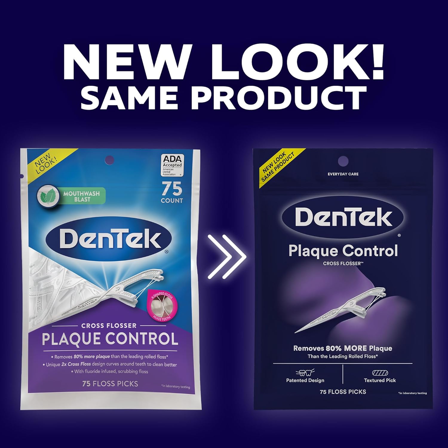 Packaging Dentek plaque control cross flosser removes 80% more plaque with patented design and textured pick - new look for the same product