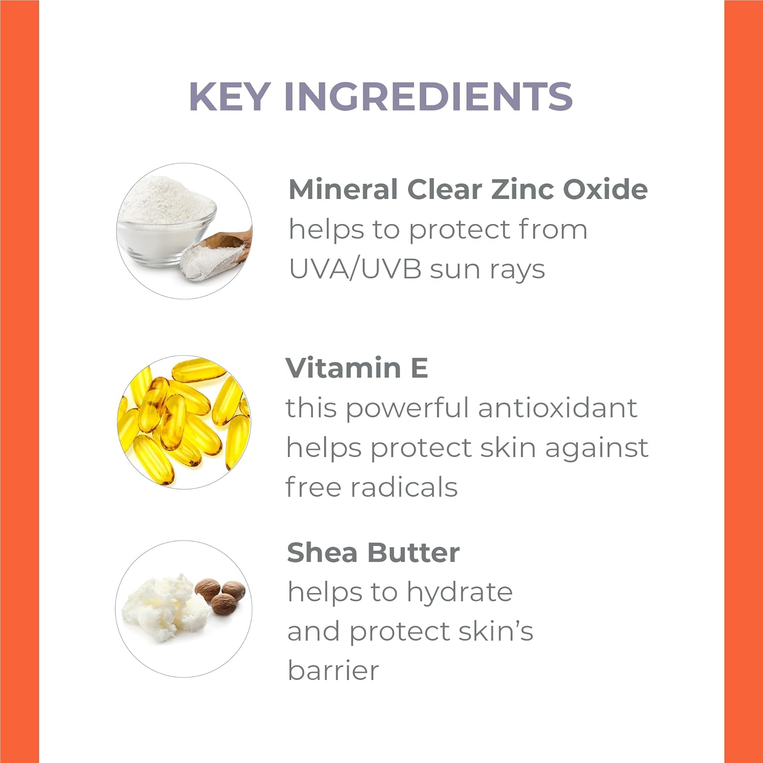 List of key ingredients in sensitive sunscreen including mineral clear zinc oxide, vitamin e and shea butter