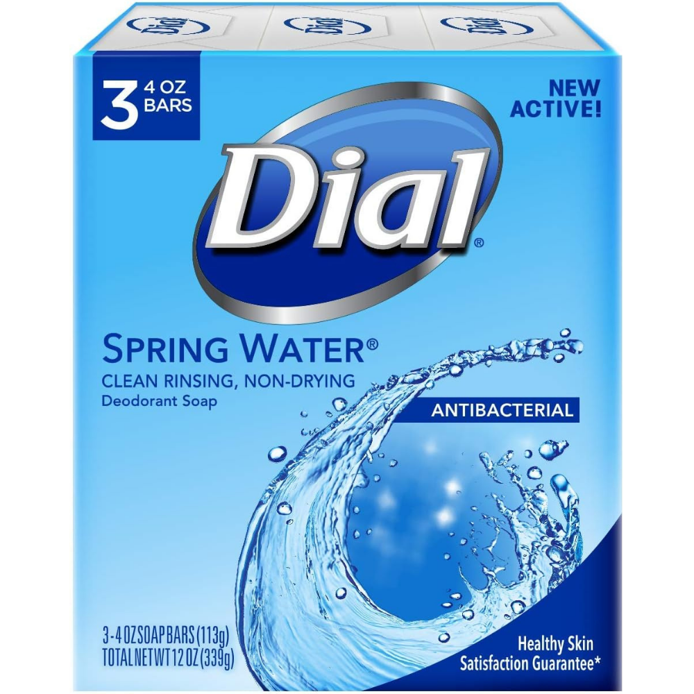 Dial Spring Water antibacterial soap bar for clean rinsing, non-drying deodorant soap.