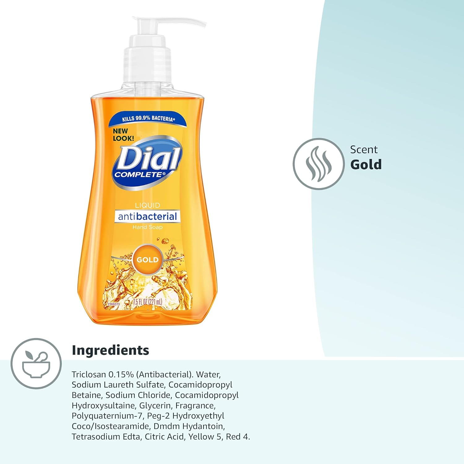 Dial Gold antibacterial hand soap bottle in gold scent with ingredients list on a white background